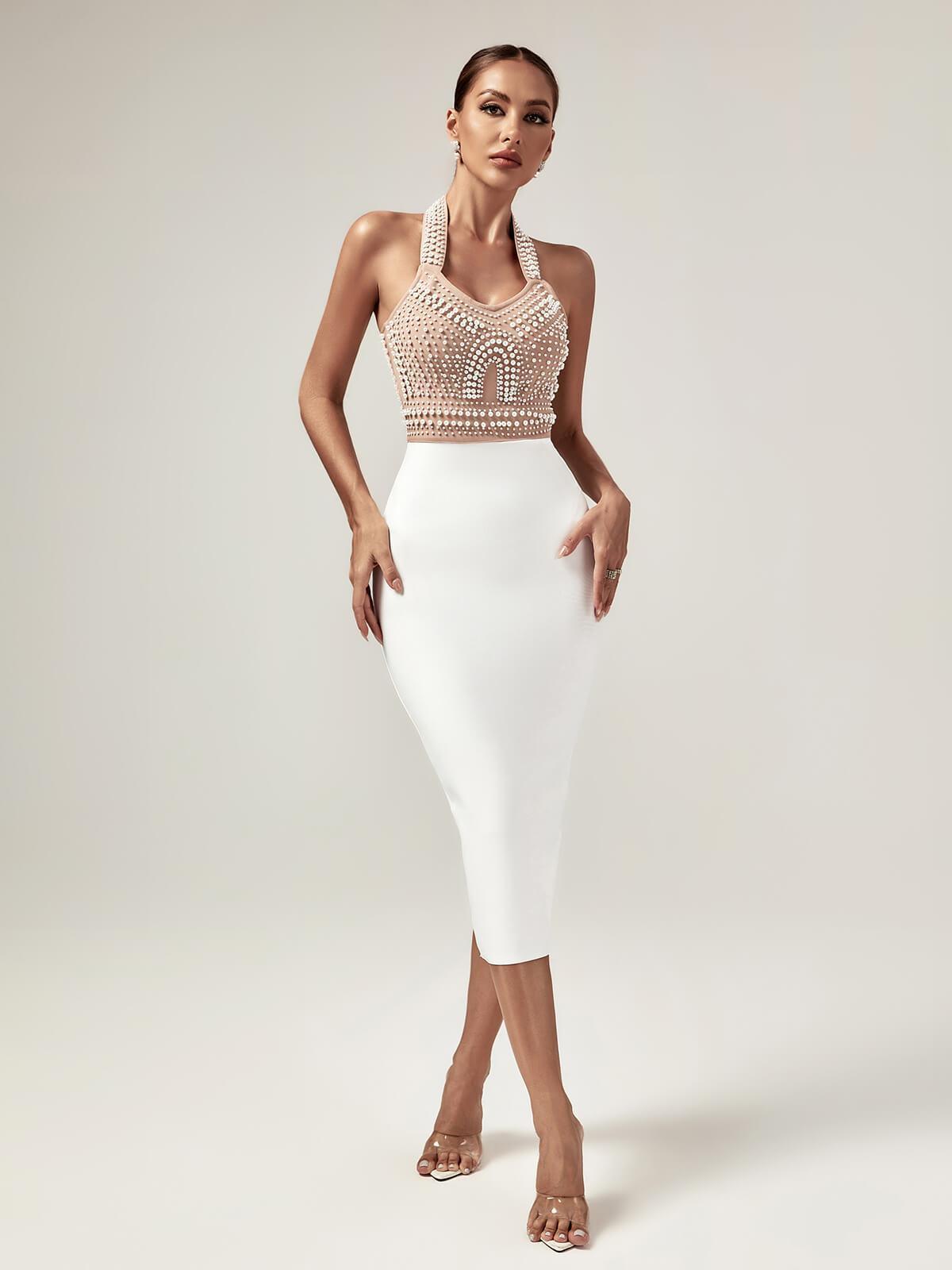 Isabella Halter Yaka İnci Bandaj Elbise Bej