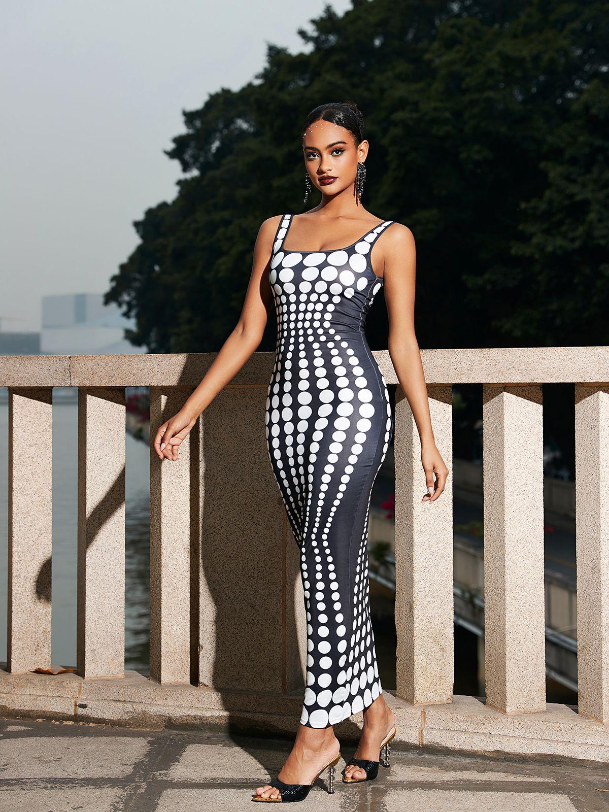 Ishi Nokta Desenli Maxi Elbise Beyaz