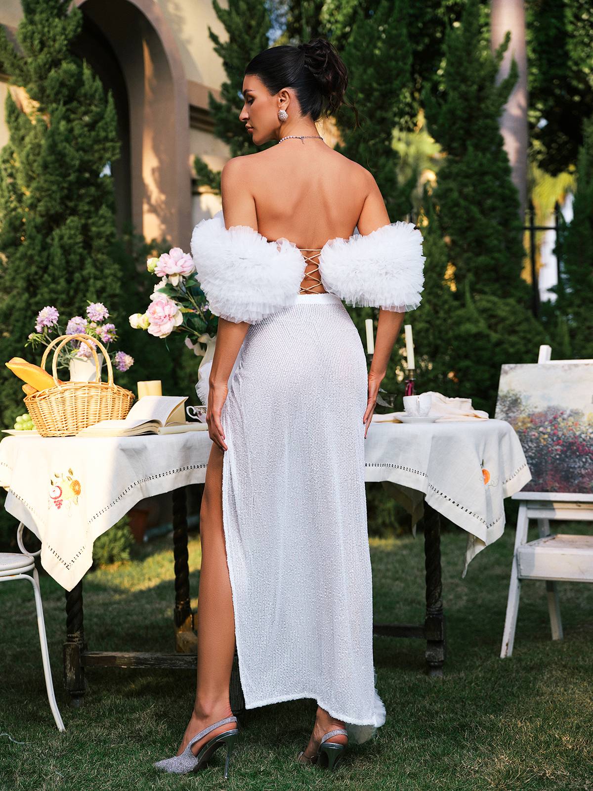 Beyaz Jalynne Korsaj Tül Kenarlı Payet Etek Takımı