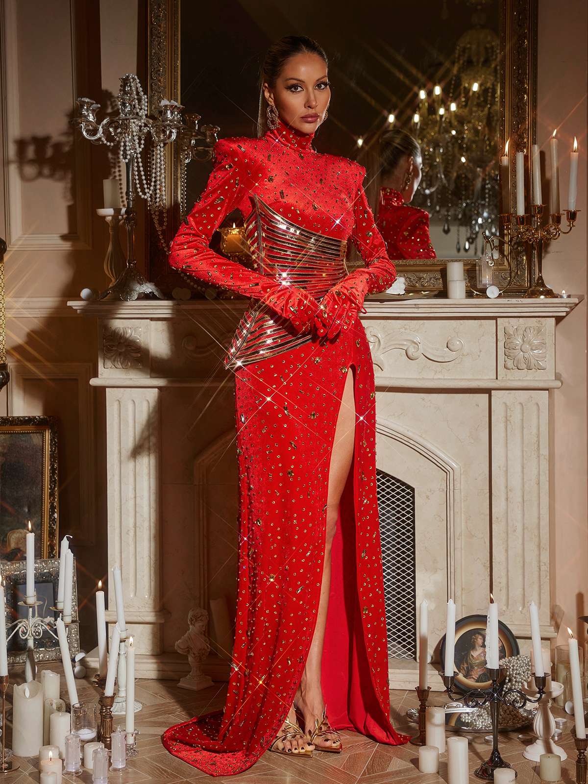 Jonson Rhinestone Taşlı Yırtmaçlı Maxi Elbise