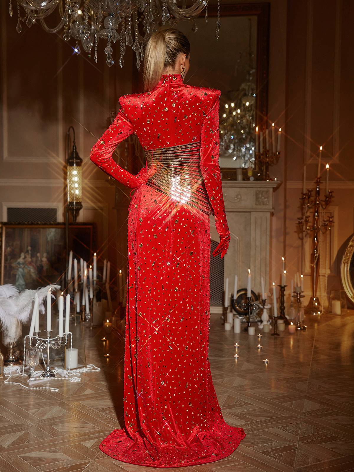Jonson Rhinestone Taşlı Yırtmaçlı Maxi Elbise