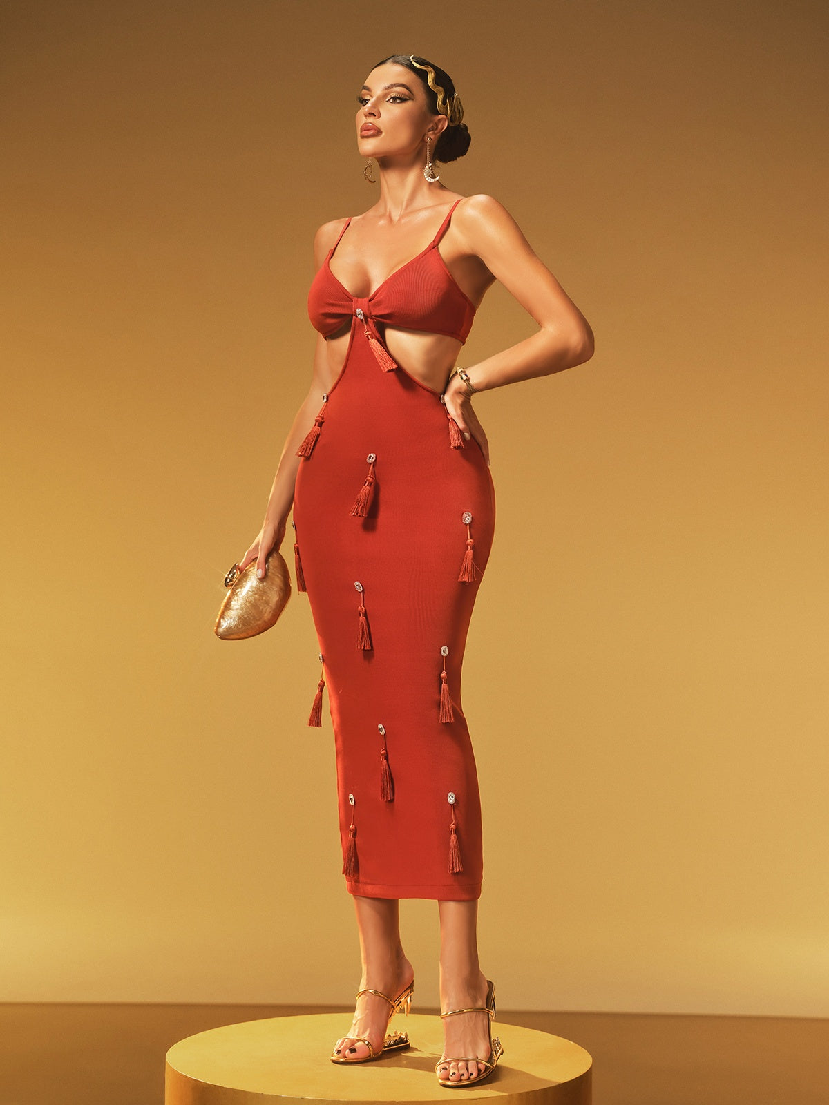 Jyrix Spaghetti Kristal Fringe Bandaj Midi Elbise