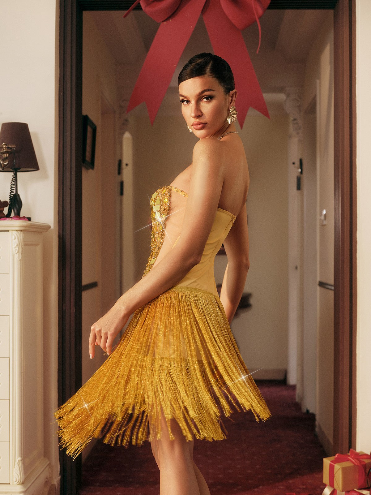 Kaidee Straplez Franjlı Akrilik Midi Elbise