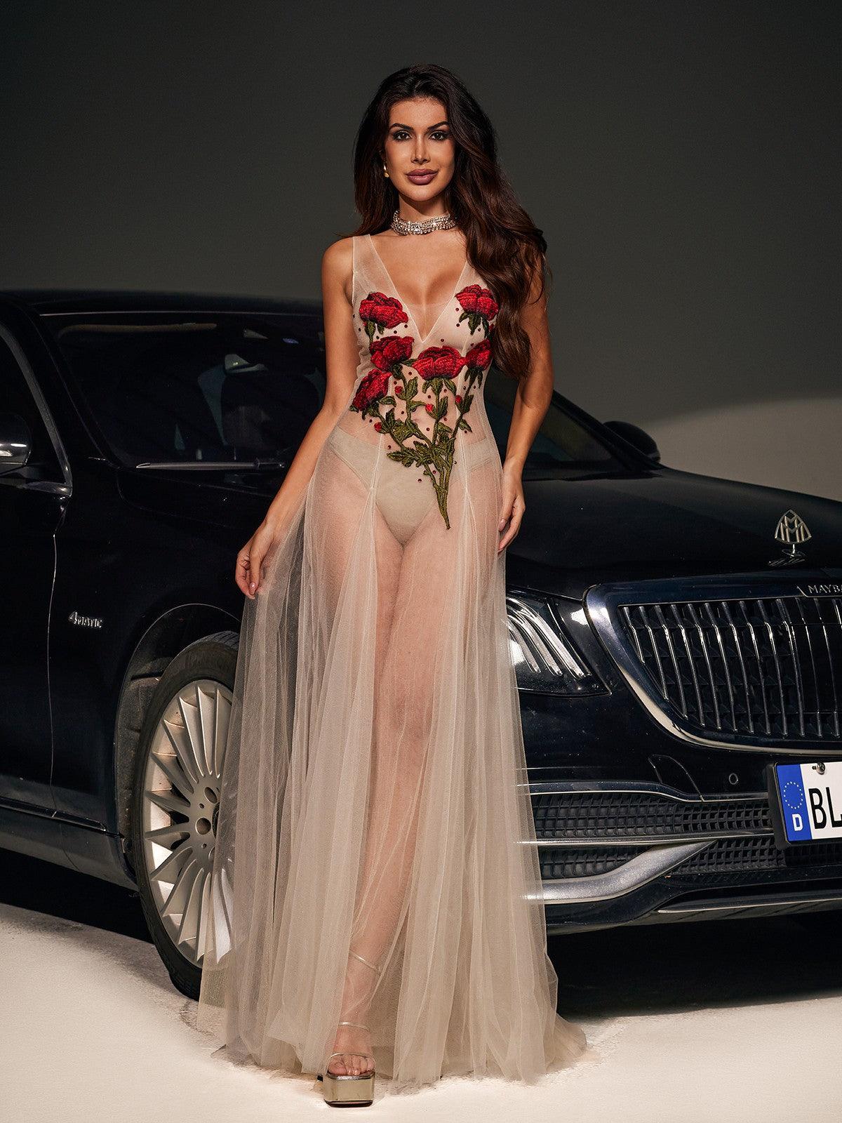 Kateri V Yaka Çiçek Nakışlı File Elbise