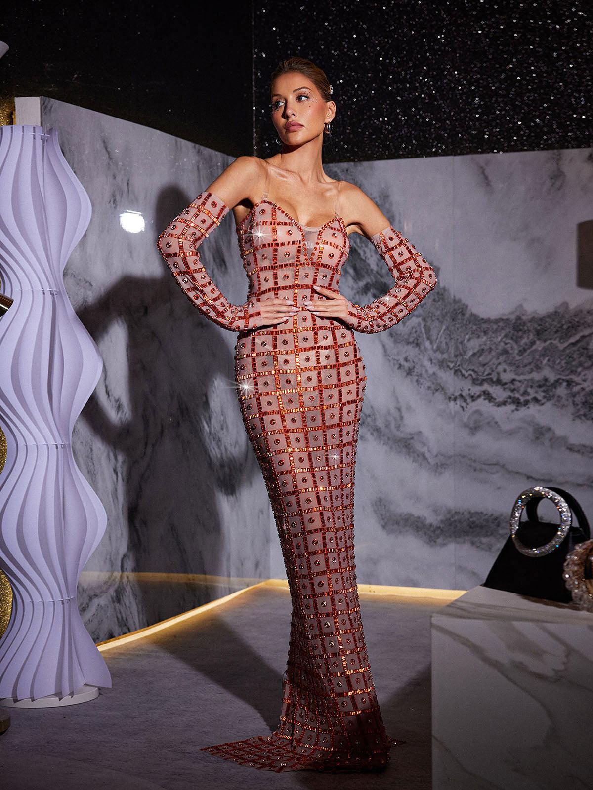 Kieran Rhinestone Ağı Mesh Maxi Elbise