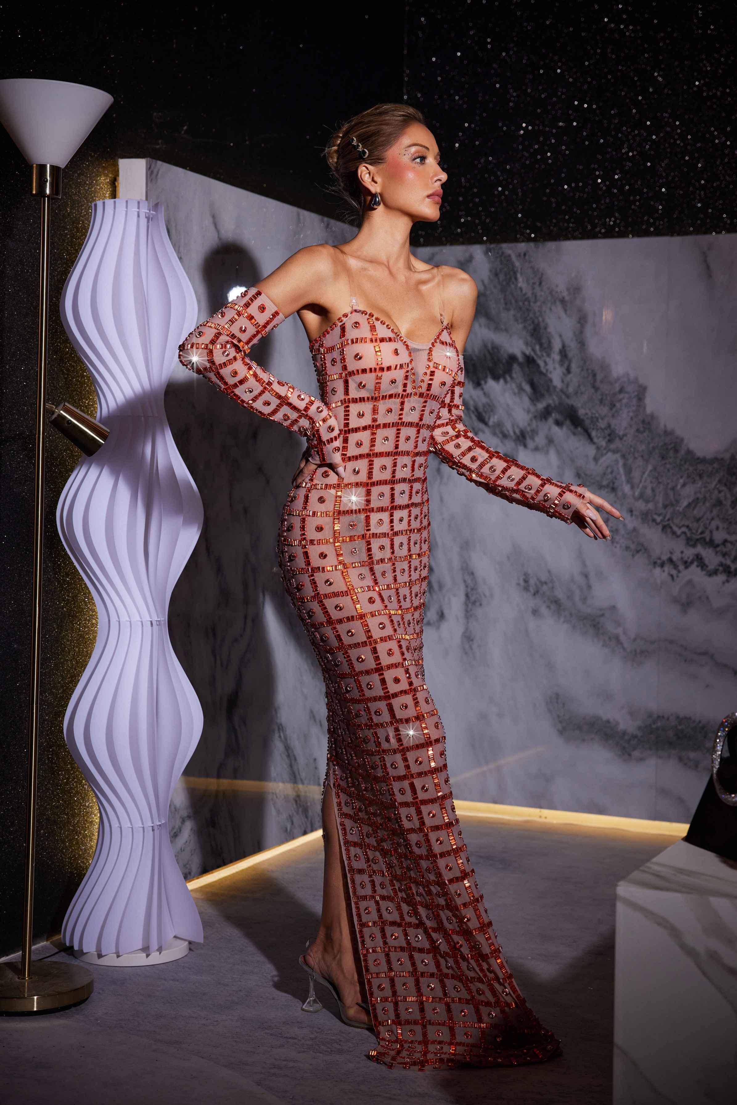 Kieran Rhinestone Ağı Mesh Maxi Elbise