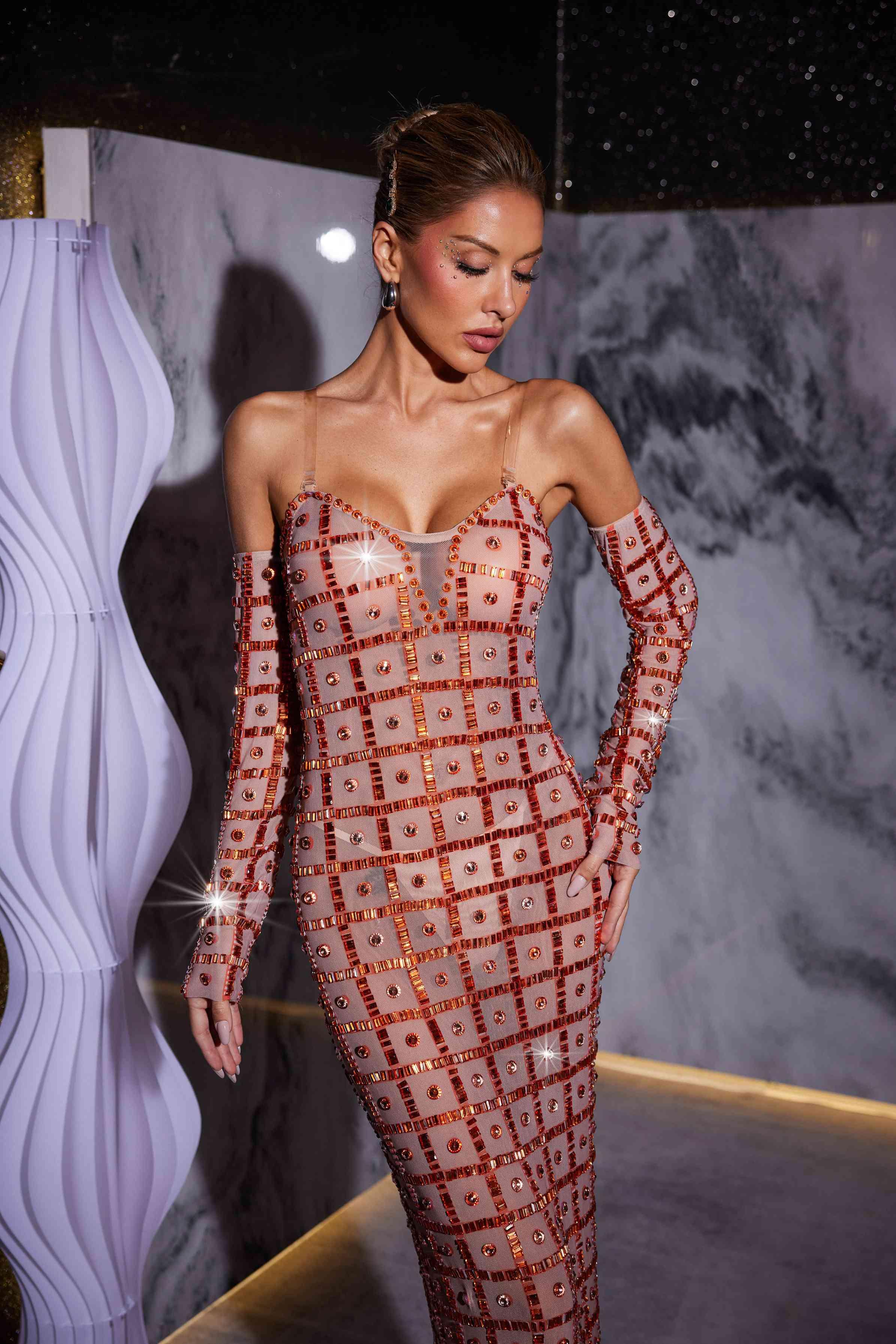Kieran Rhinestone Ağı Mesh Maxi Elbise