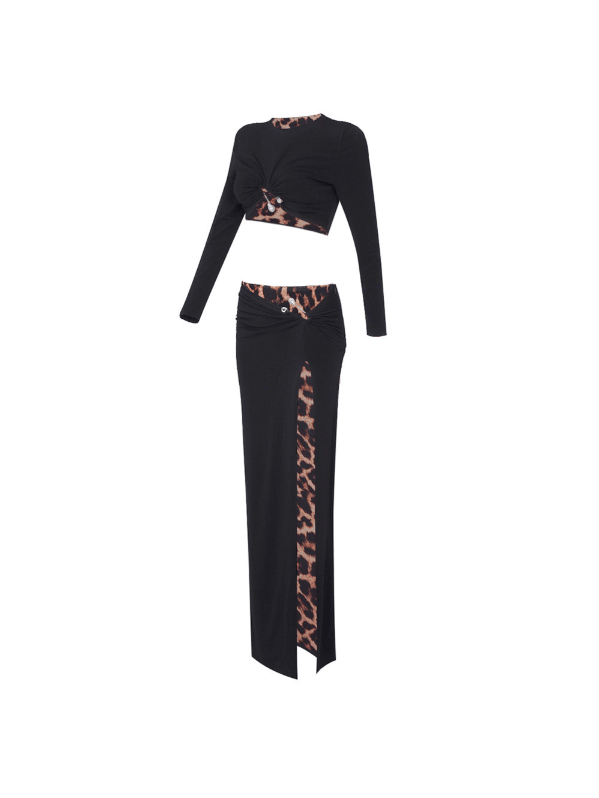 Kitto Uzun Kollu Leopar Yırtmaçlı Etek Takımı