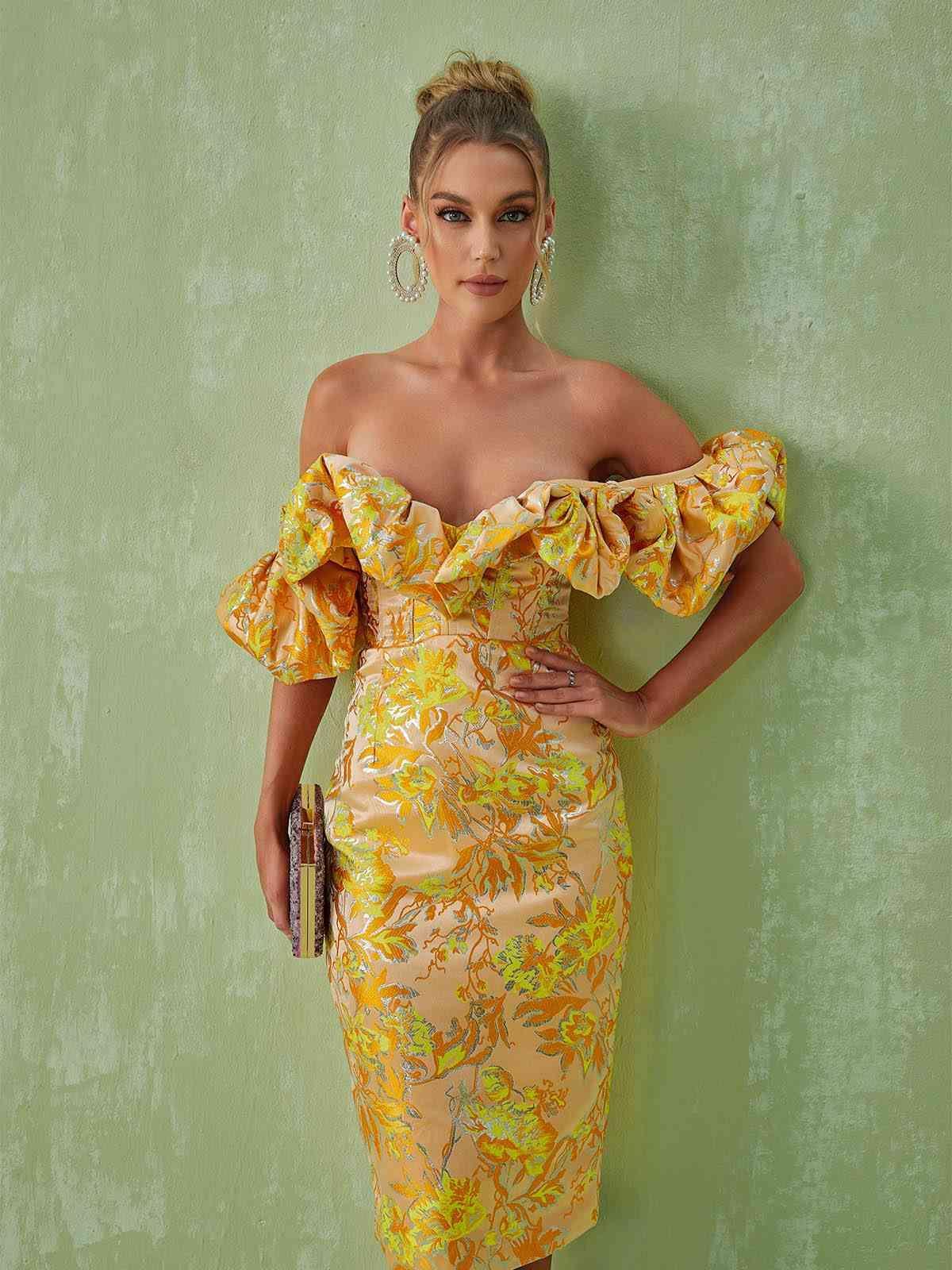 Kore Off Shoulder Jakarlı Midi Elbise