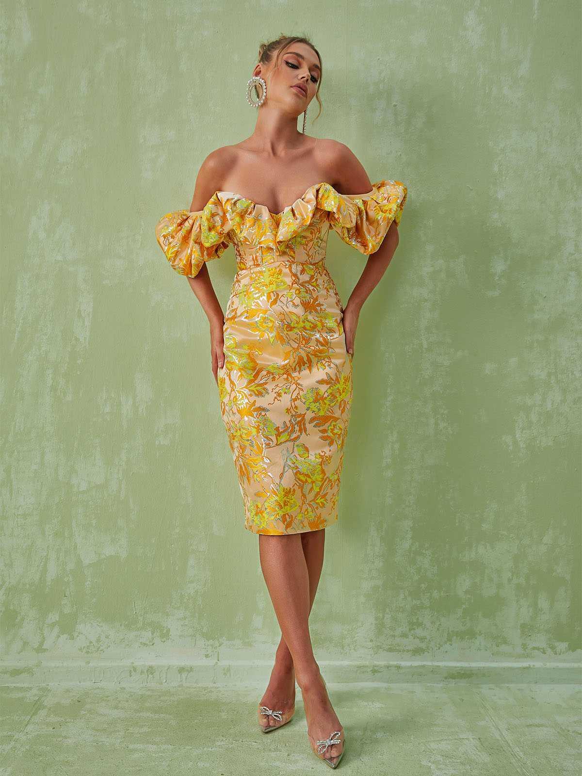 Kore Off Shoulder Jakarlı Midi Elbise