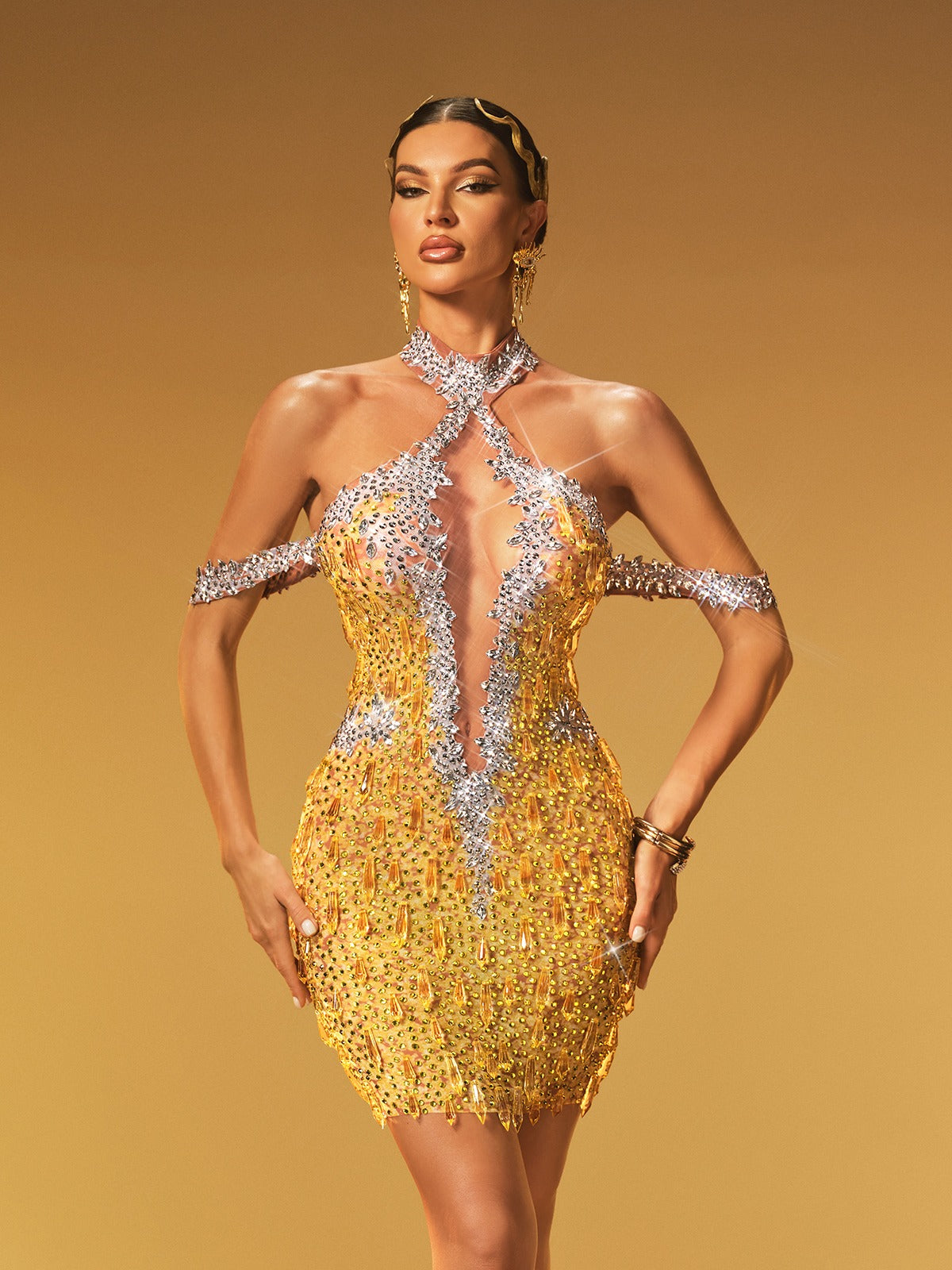 Krythos Halter Yaka Kristal File Mini Elbise - Chartreuse