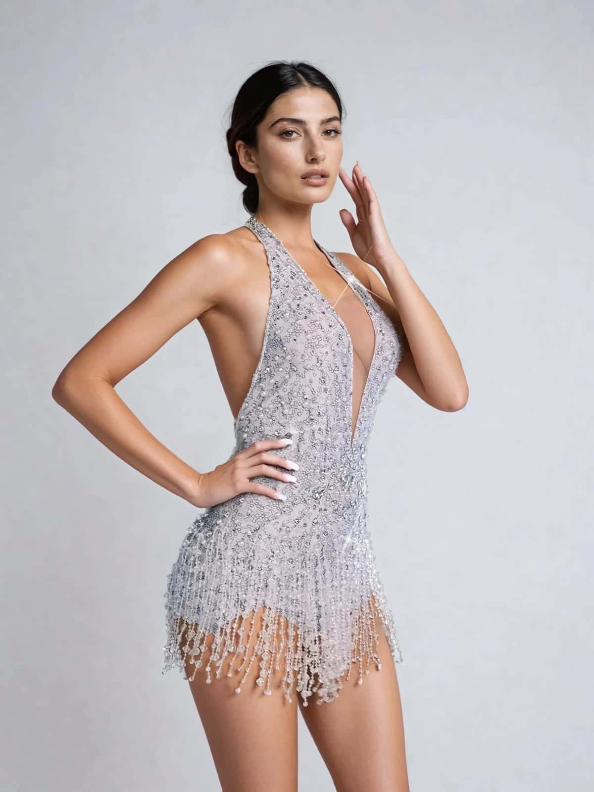 Lachlan Halter Yaka Rhinestone Fringeli Bodysuit