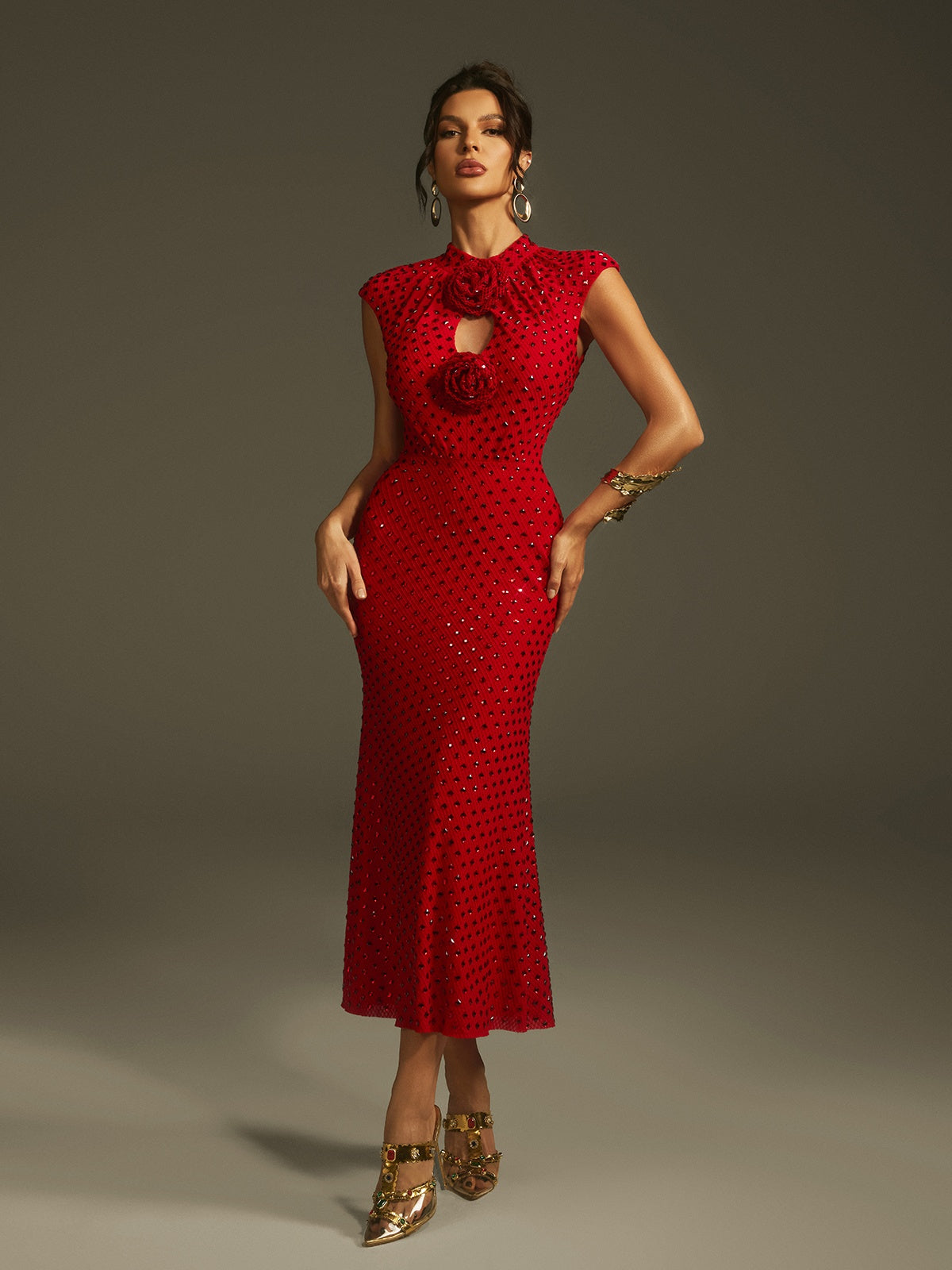 Lanesia Kolsuz Çiçek Strass Midi Elbise
