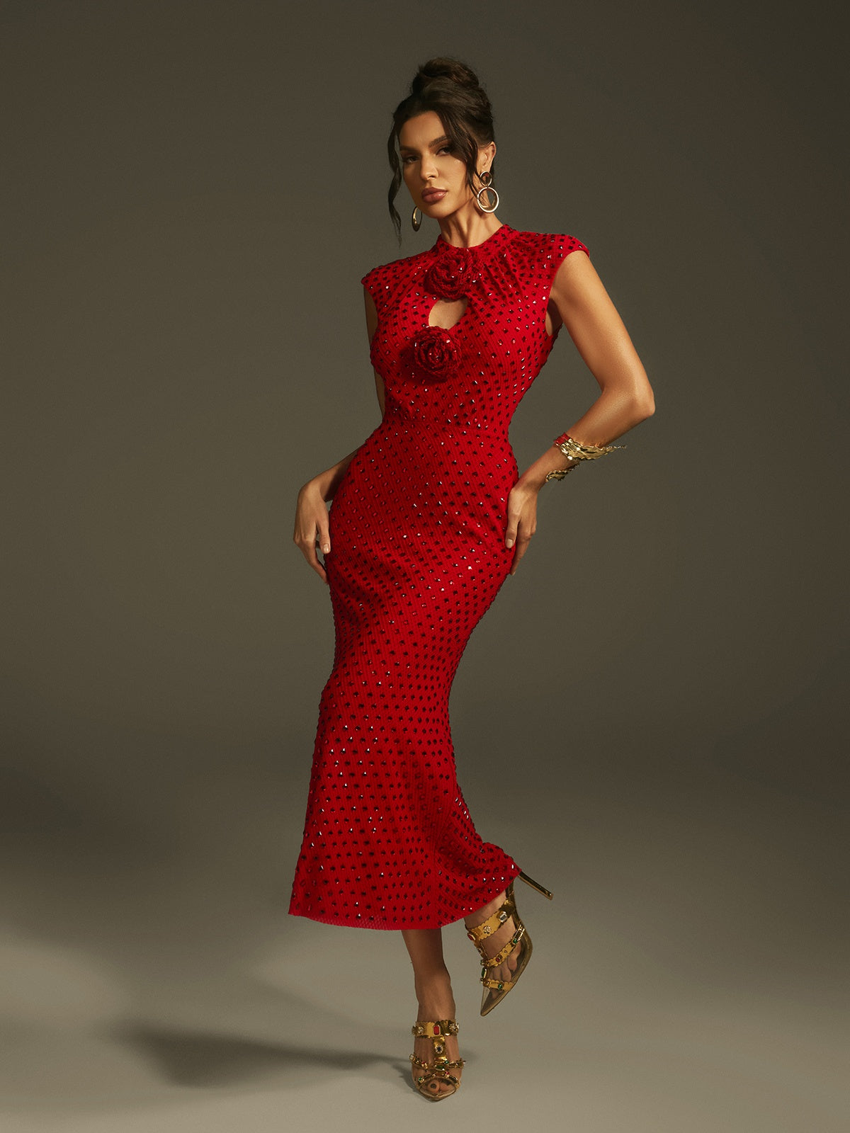 Lanesia Kolsuz Çiçek Strass Midi Elbise