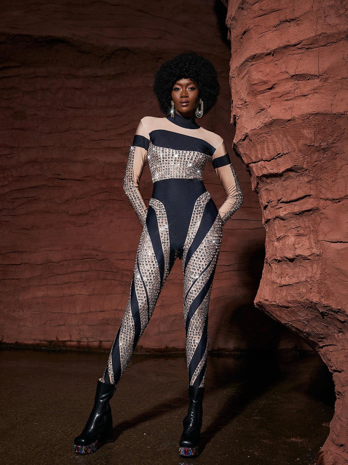 Leatrice Kare Rhinestone Şerit Tulum