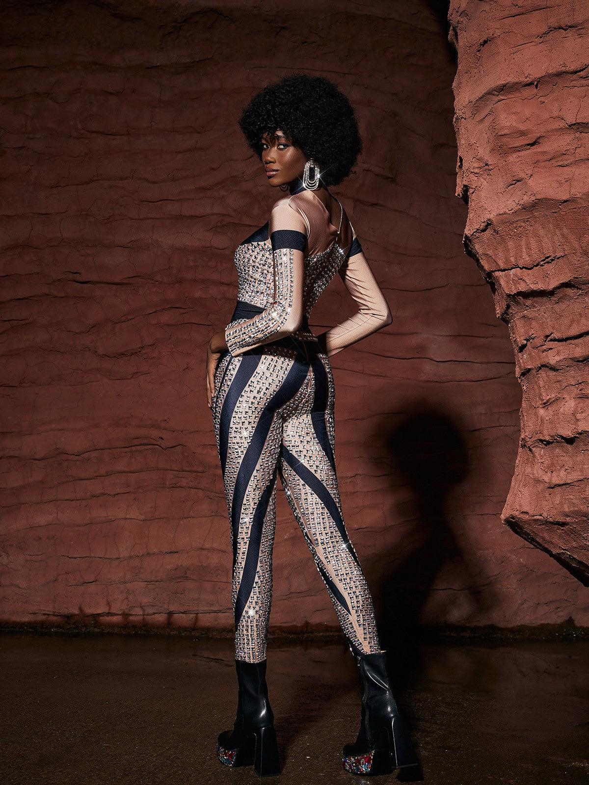 Leatrice Kare Rhinestone Şerit Tulum