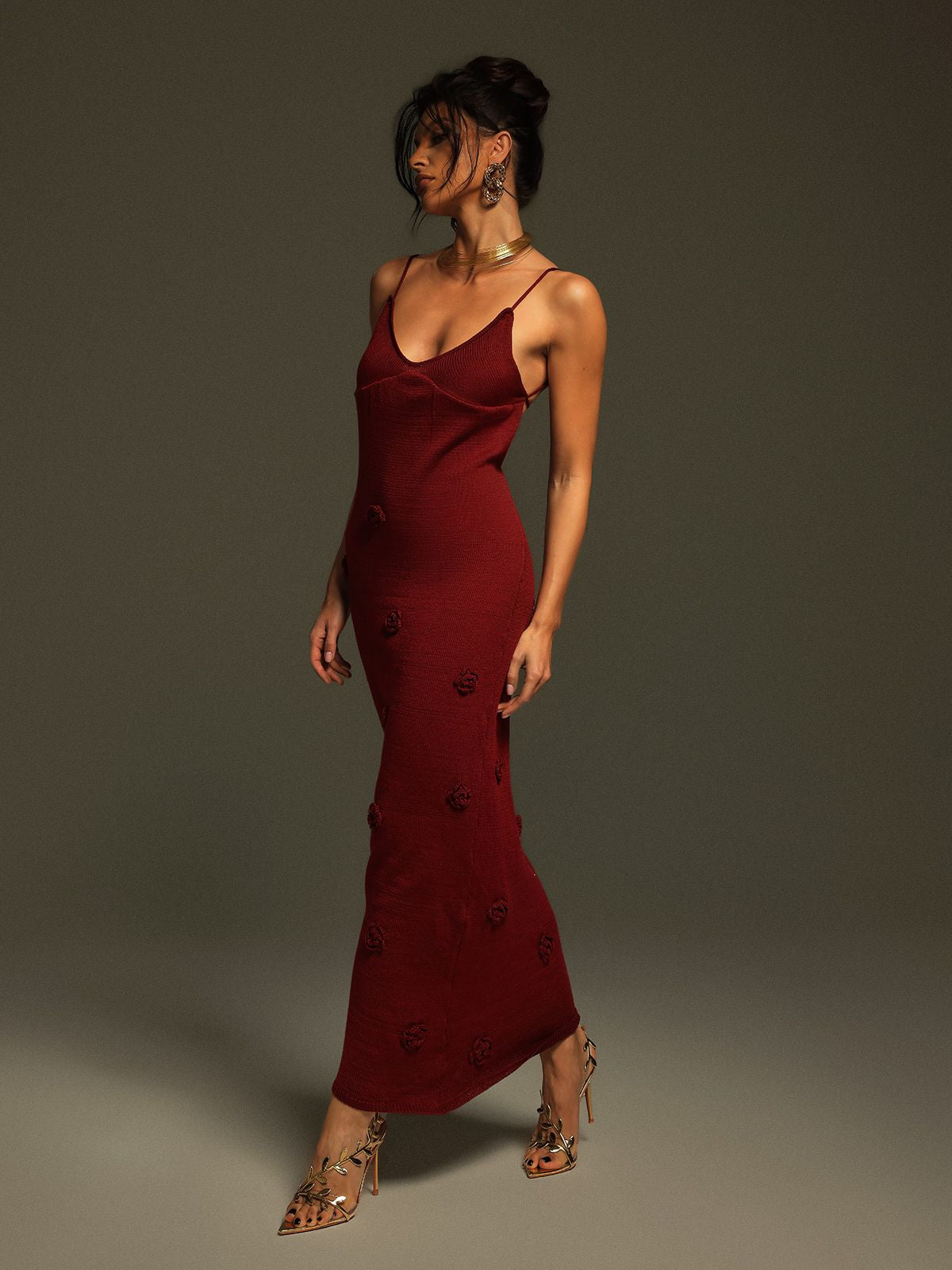 Lekeisha Spagetti Çiçek Triko Maxi Elbise