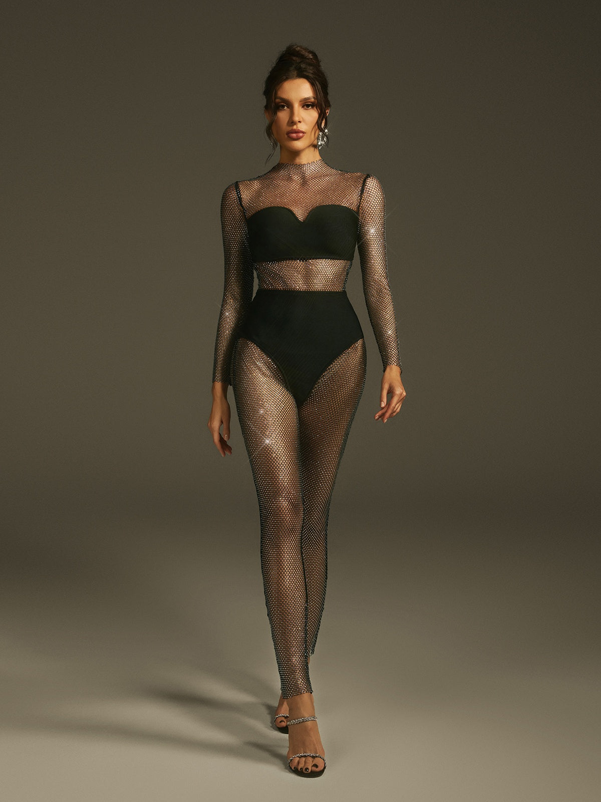 Leolani Rhinestone Ağı Mesh Tulum