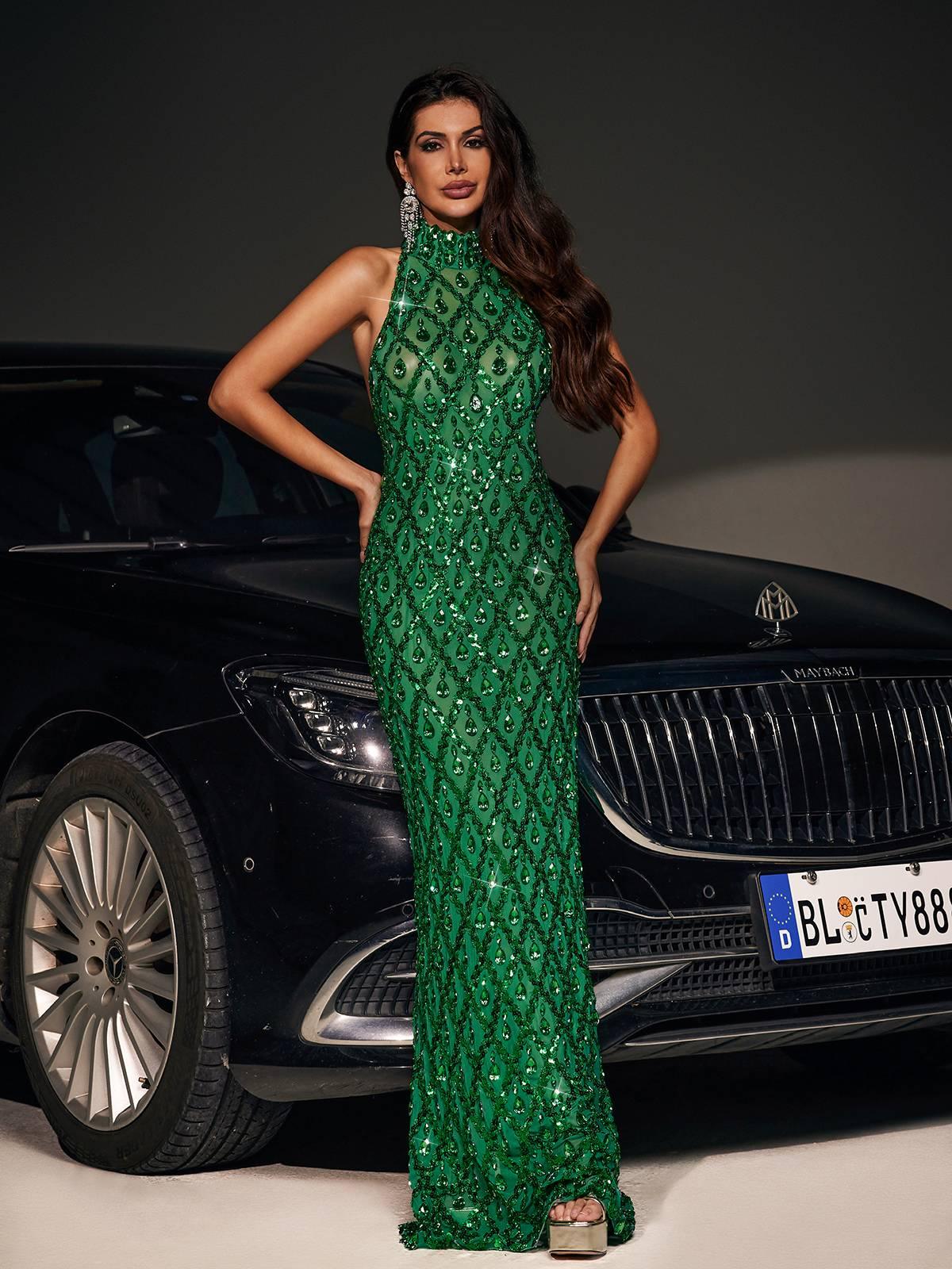 Liora Pullu Kristal Maxi Elbise Yeşil