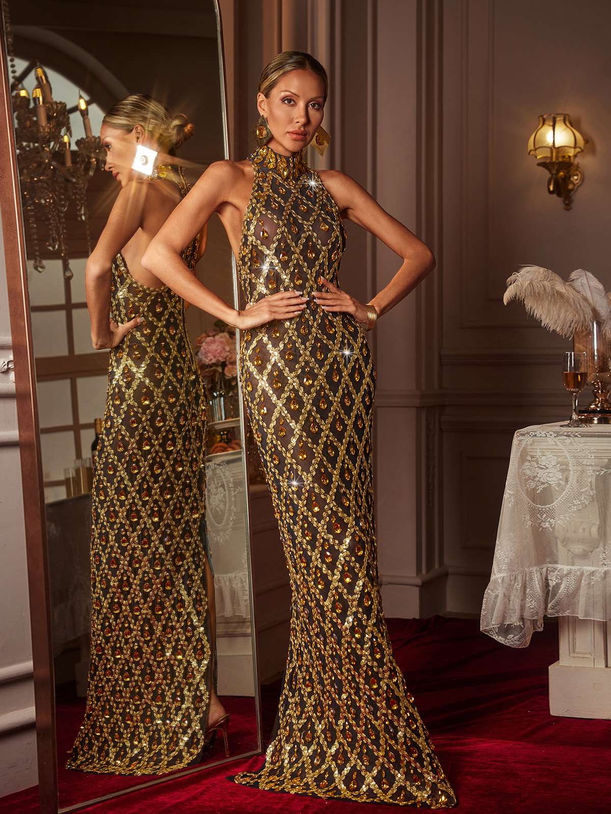 Liora Payet Kristal Maxi Elbise Altın