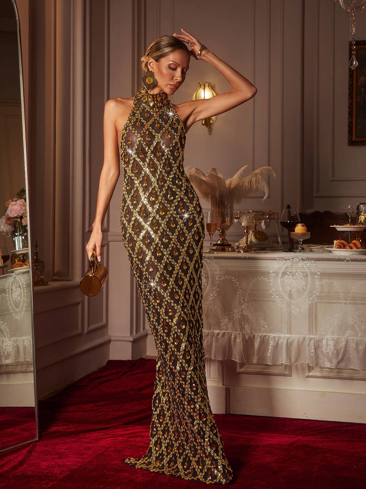 Liora Pullu Kristal Maxi Elbise Altın Renk