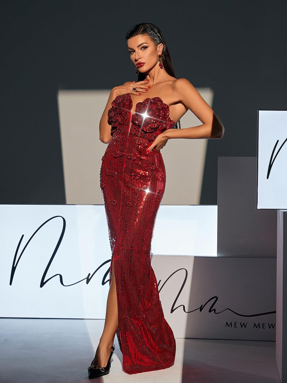 Lorelei Straplez Çiçek Payet Yırtmaçlı Elbise - Şarap Rengi