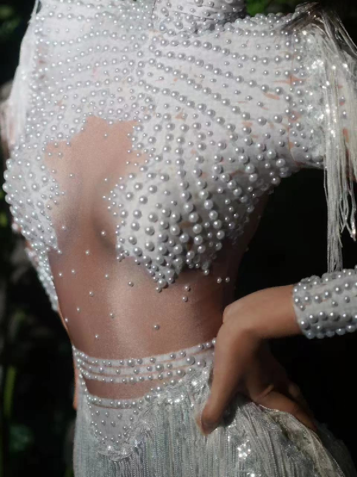 Lorvain Rhinestone Fringe Bodysuit Beyaz