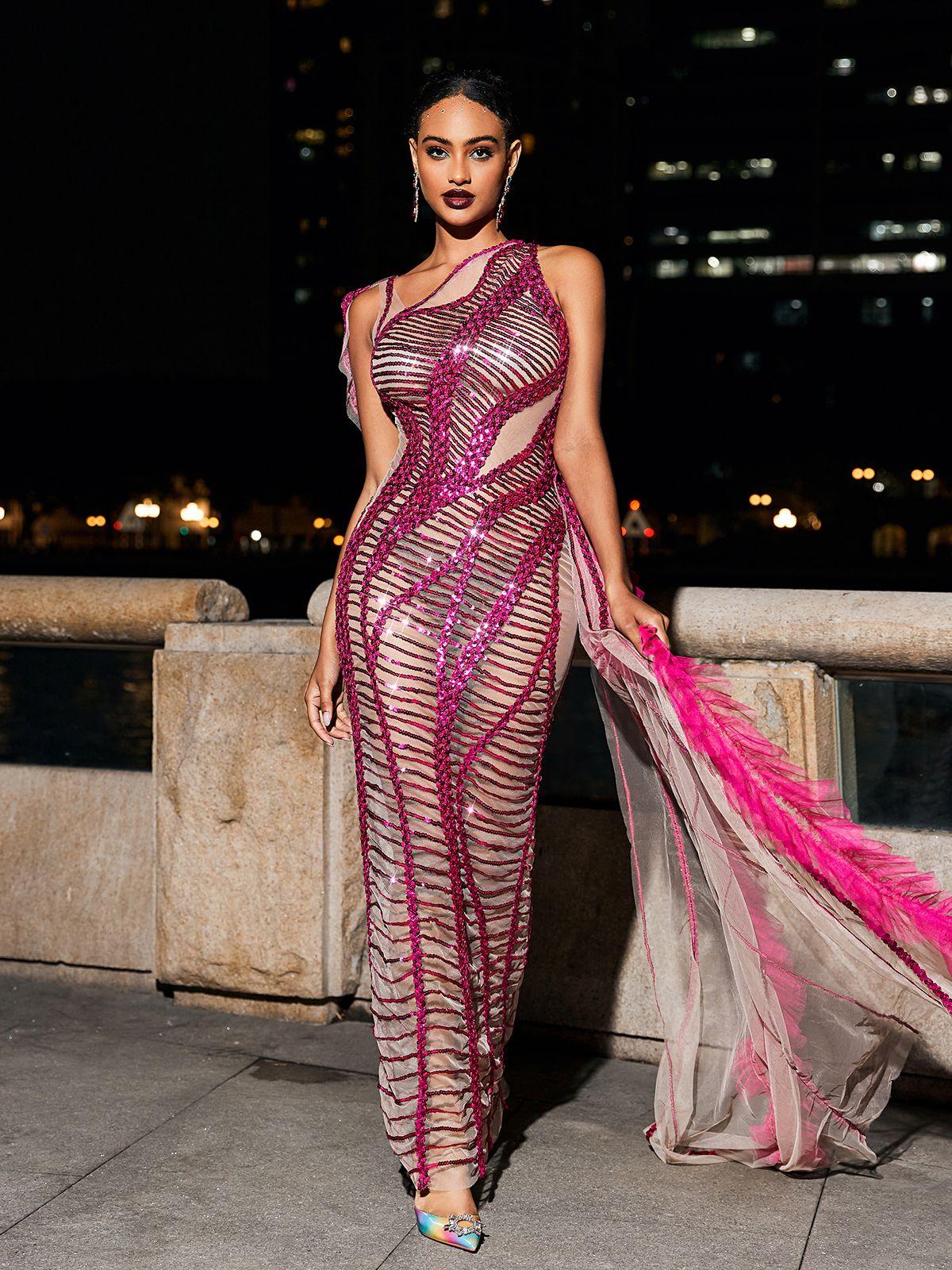 Lyda Draped Cutout Payetli File Elbise - Sıcak Pembe