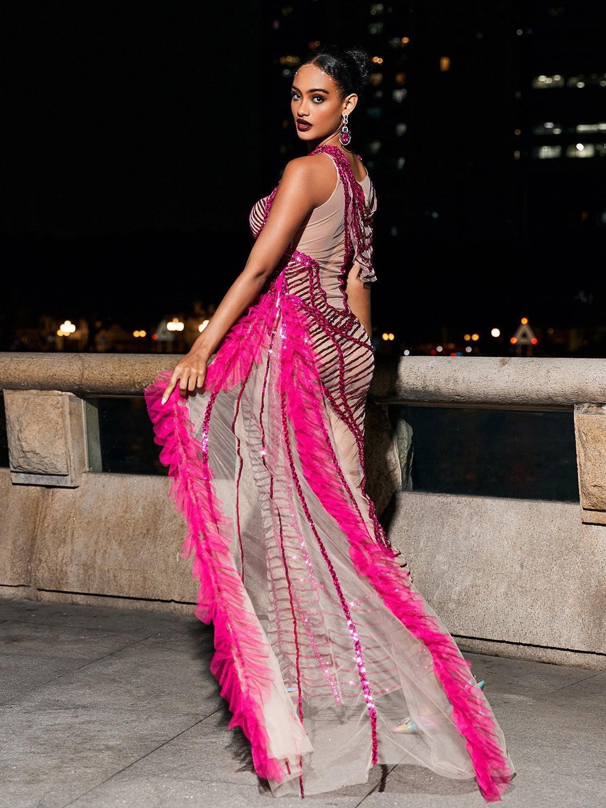 Lyda Drapeli Kesik Payetli File Elbise - Canlı Pembe