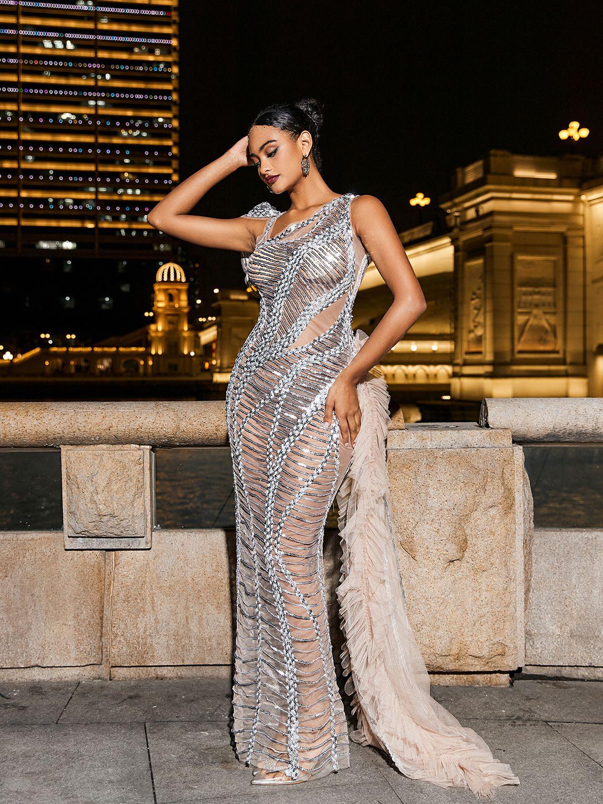 Gümüş Renkli Lyda Drapeli Kesik Sequins Mesh Elbise