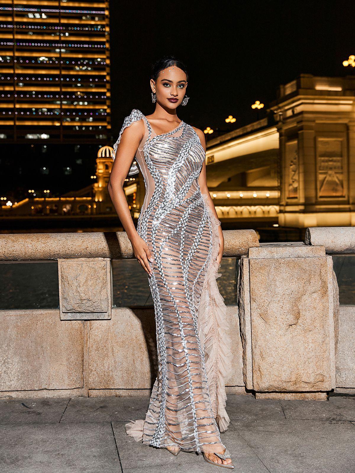 Gümüş Renkli Lyda Drapeli Kesik Sequins Mesh Elbise