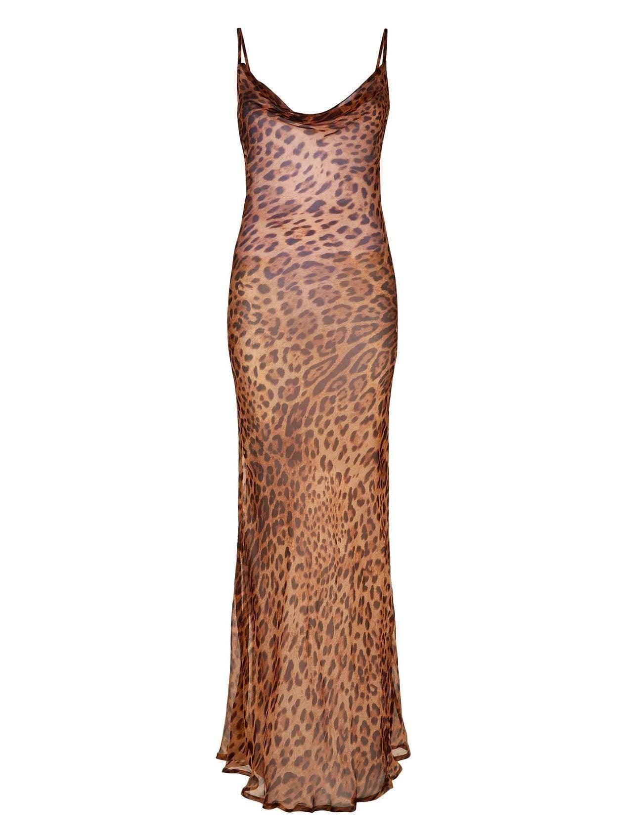 Melany Leopar Desenli Spagetti Maxi Elbise