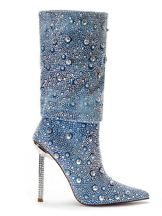 Mia Kristal Taşlı Parlak Denim Botlar