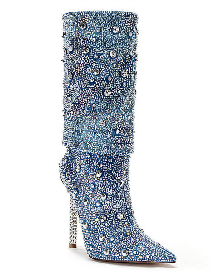 Mia Kristal Taşlı Parlak Denim Botlar