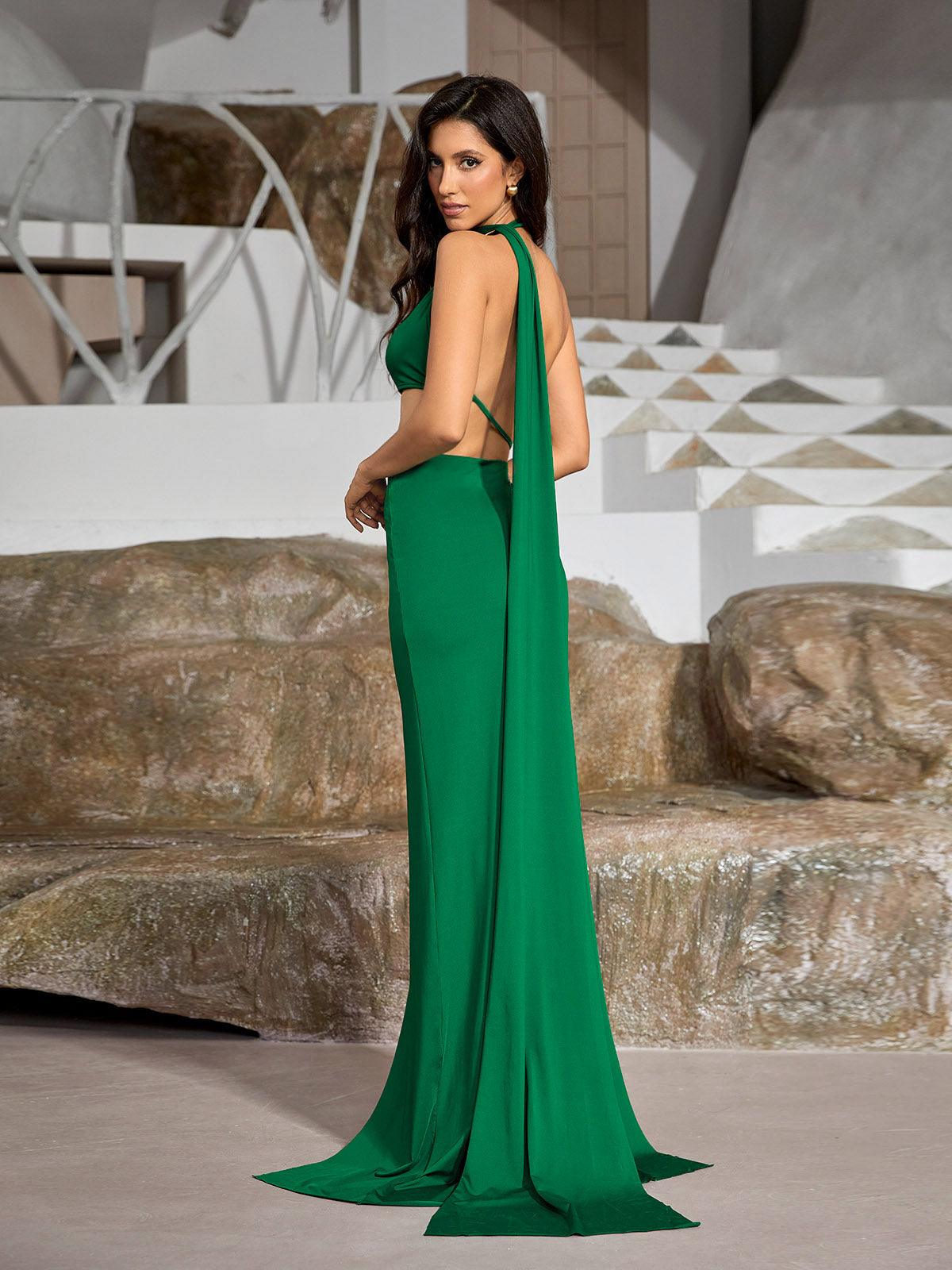Mihi Draped Cutout Sırt Açık Maxi Elbise Yeşil