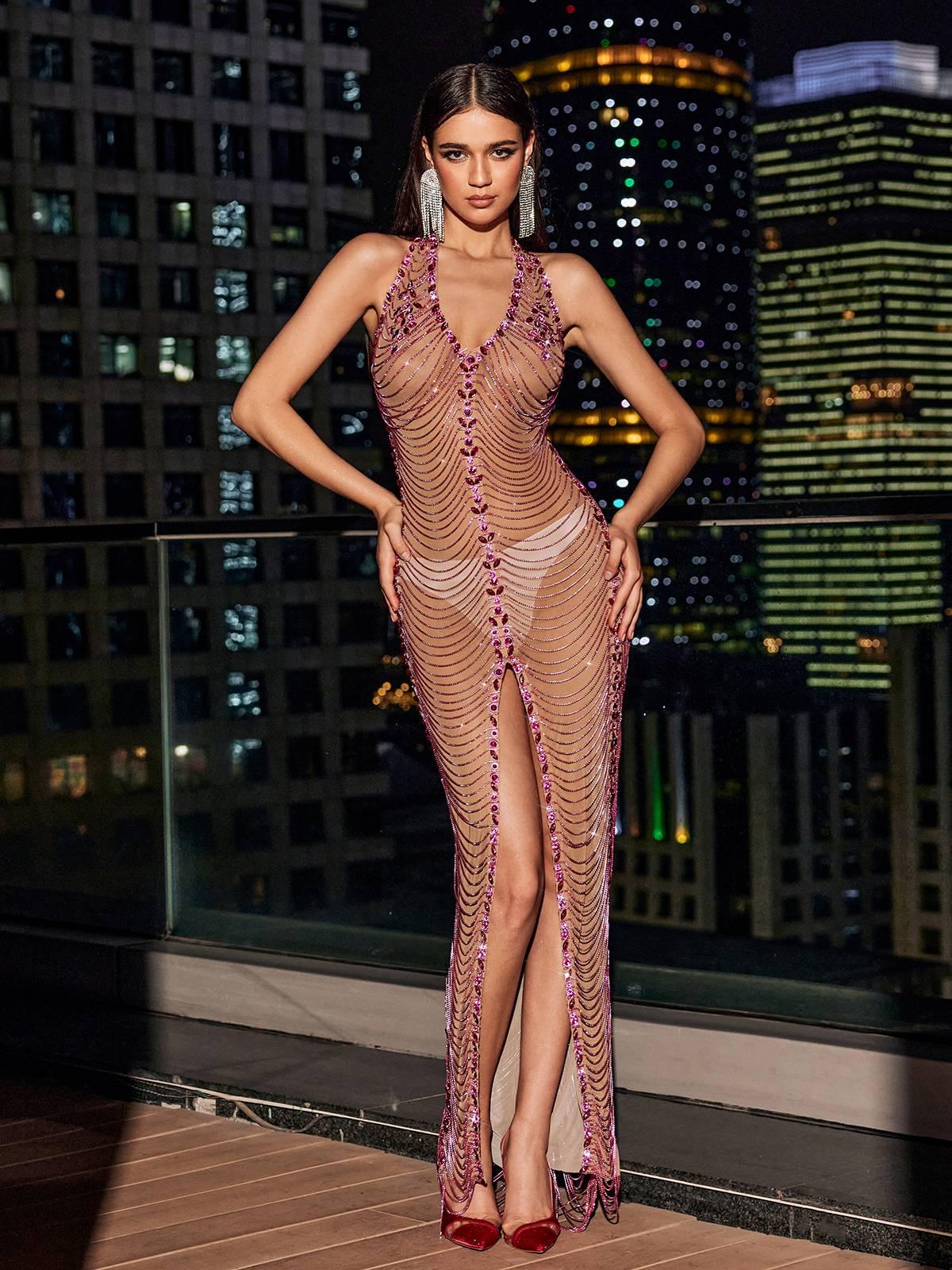 Mucize Açık Sırt Kristal Zincir Yırtmaç Maxi Elbise