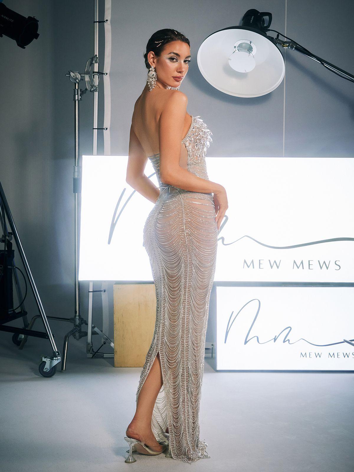 Misael Halter Yaka Kristal Zincir Maxi Elbise