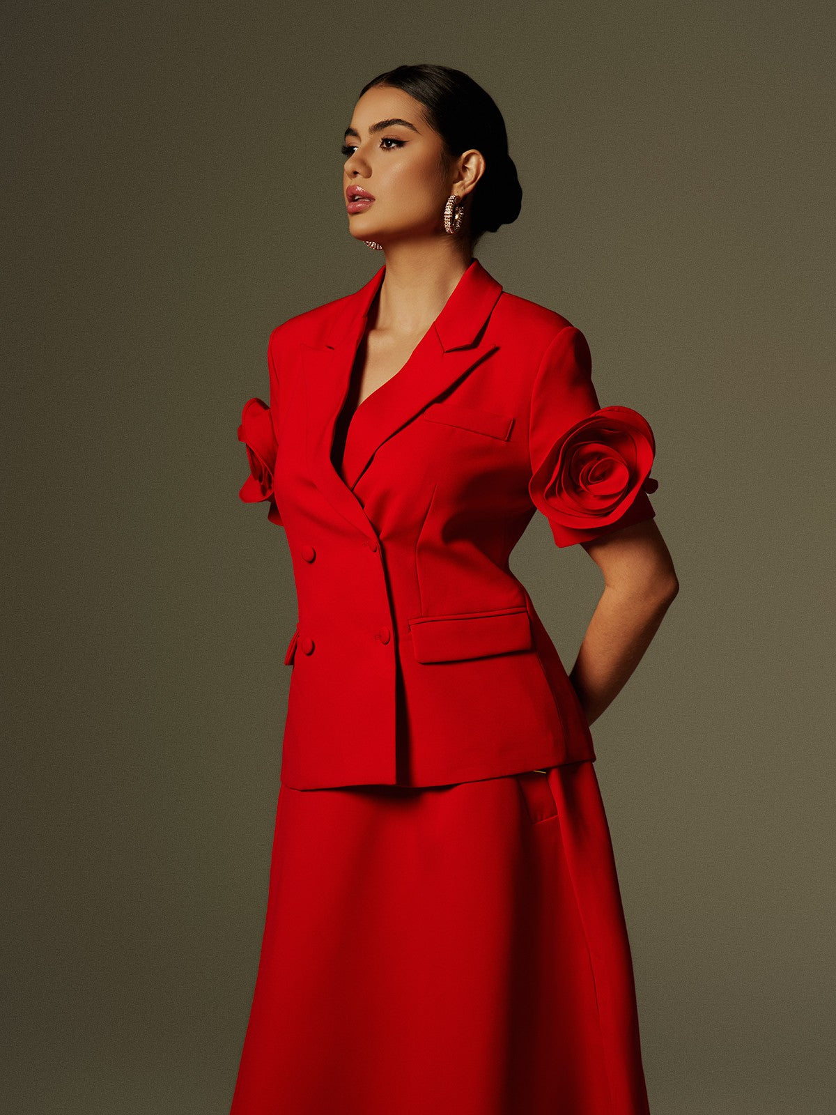 Naniel Kısa Kol Düğmeli Çiçekli Blazer Set