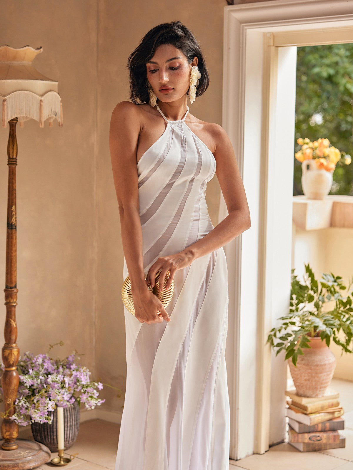 Narwani Halter Yaka Saten Maxi Elbise