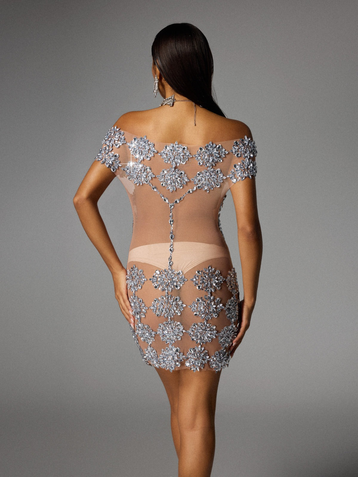 Natosha Omuz Açık Çiçekli Kristal Mini Elbise
