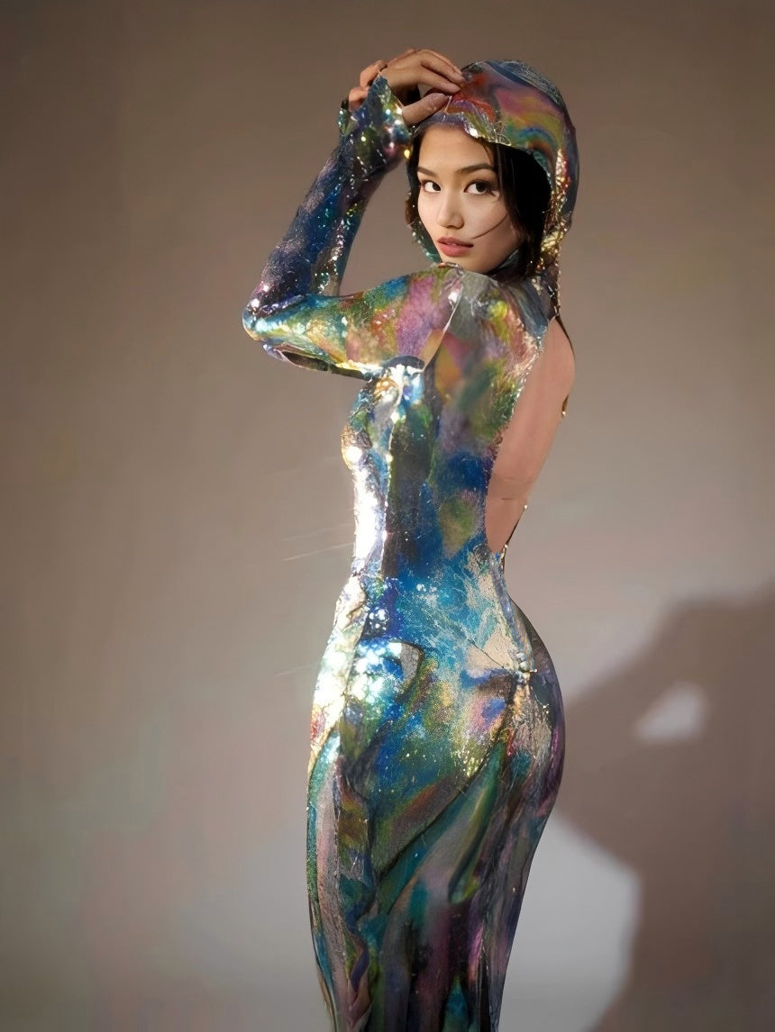 Nebraska Ombre Uzun Kollu Kapüşonlu Maxi Elbise Mavi