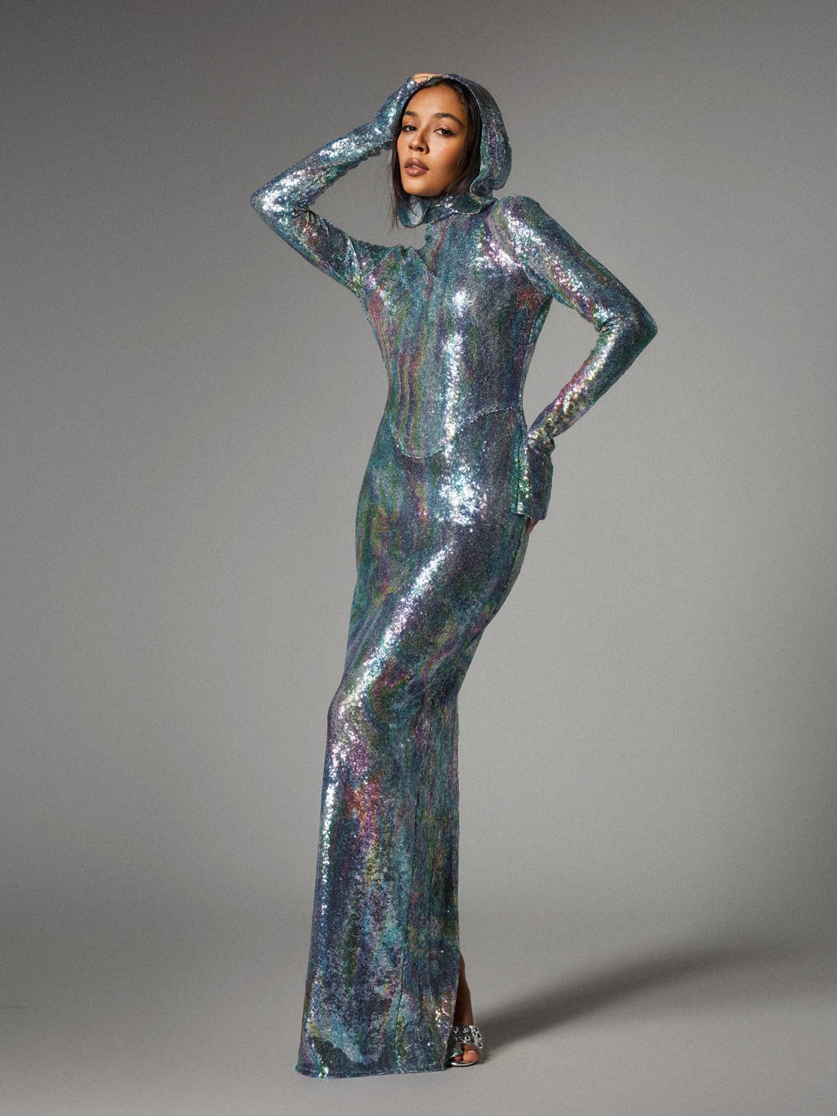 Nebraska Ombre Uzun Kollu Kapüşonlu Maxi Elbise Açık Mavi