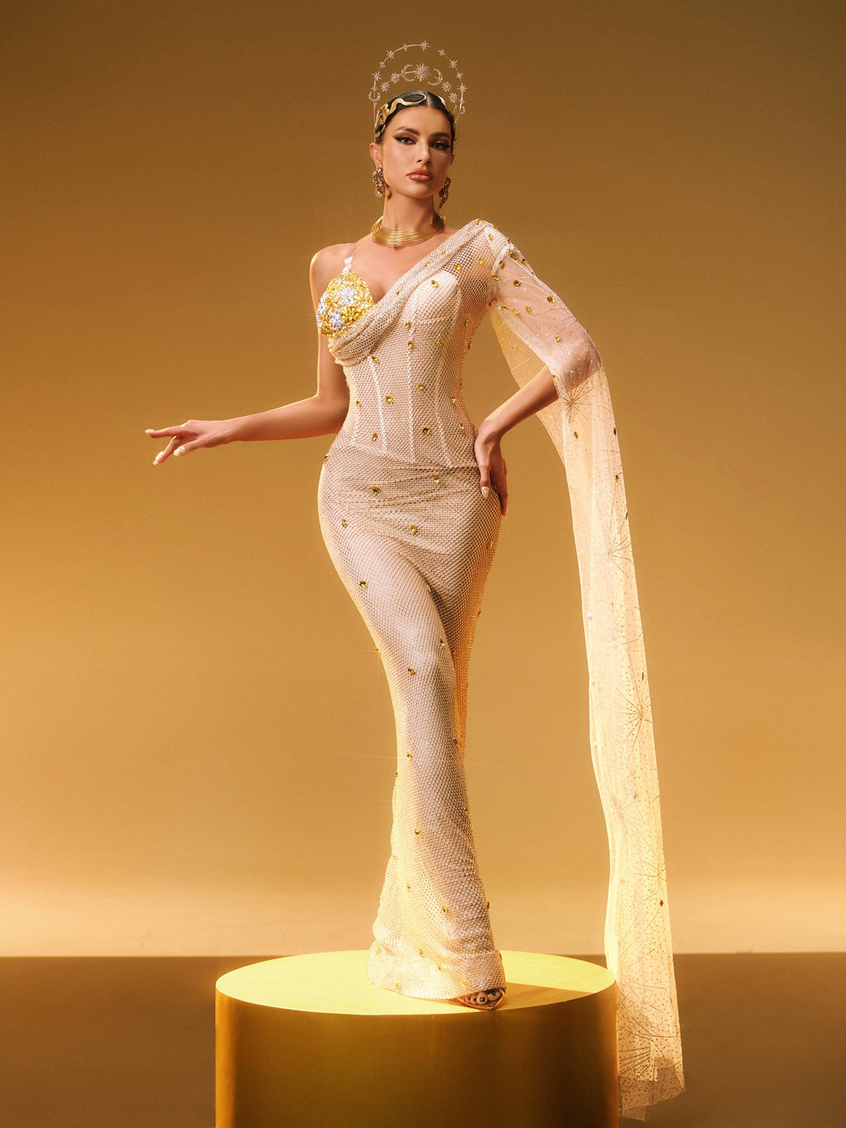 Nebulae Tek Omuz Rhinestone Maxi Elbise