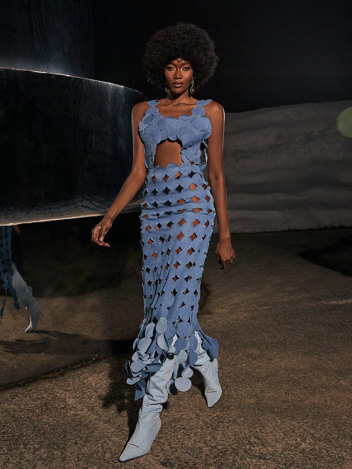 Nyx Daire Kesim Franj Detaylı Denim Maxi Elbise