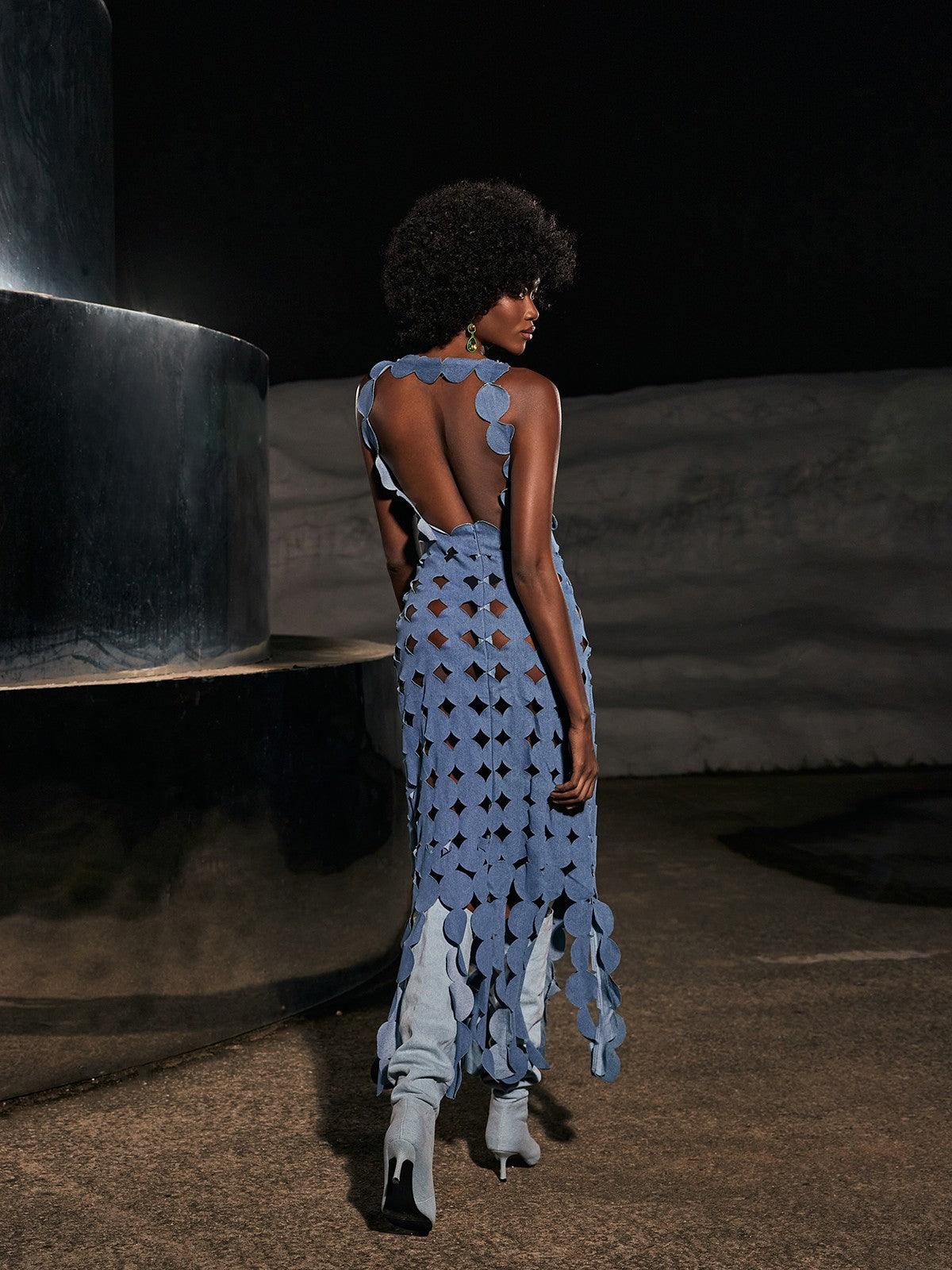 Nyx Daire Kesim Franj Detaylı Denim Maxi Elbise