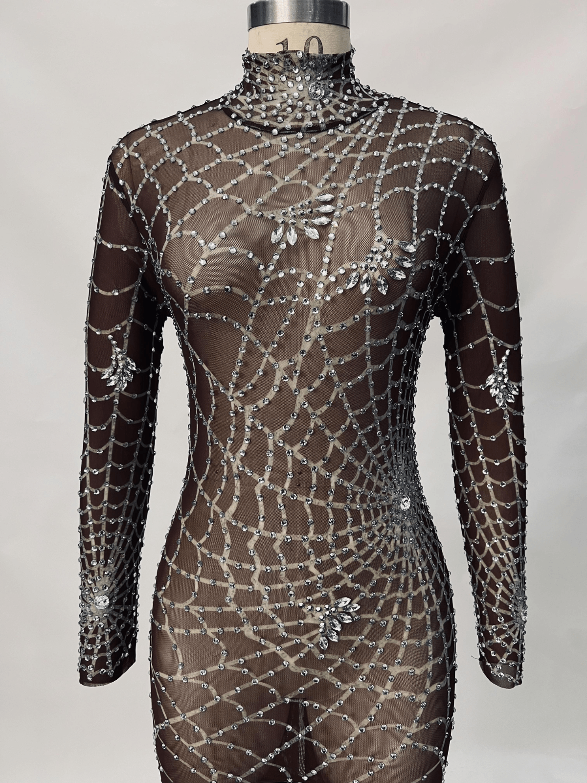 Çikolata Renkli Octavia Ağı Tül Baskılı Süslemeli Tulum