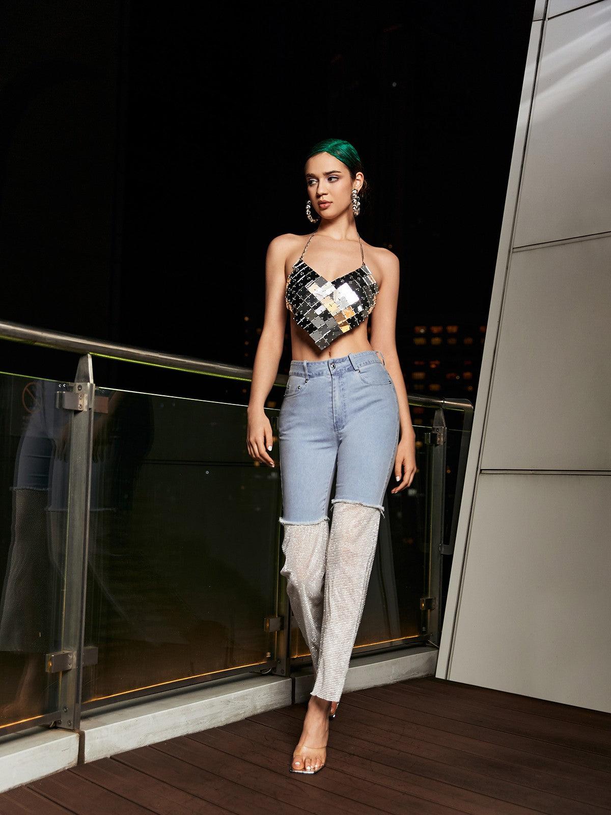 Odelia Ağı Mesh Denim Pantolon Beyaz