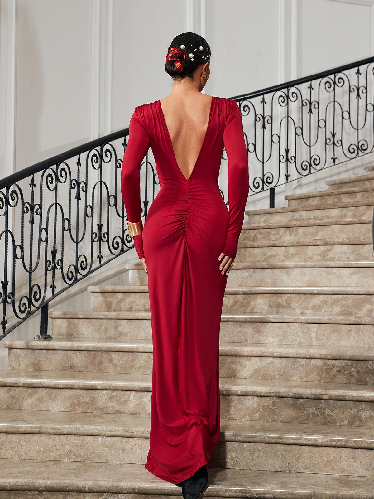 Ofir V Yaka Fırfırlı Maxi Elbise - Şarap Rengi