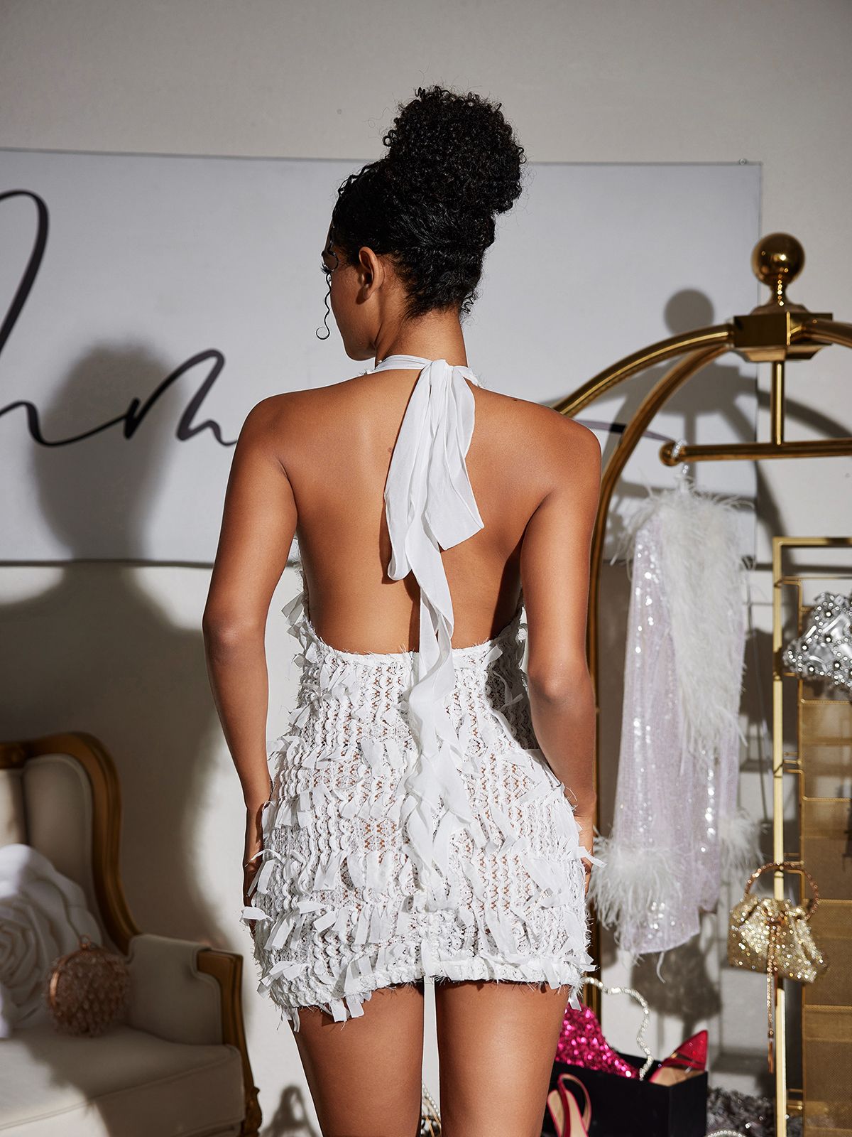 Osanya Derin Yaka Franjeli Mini Elbise