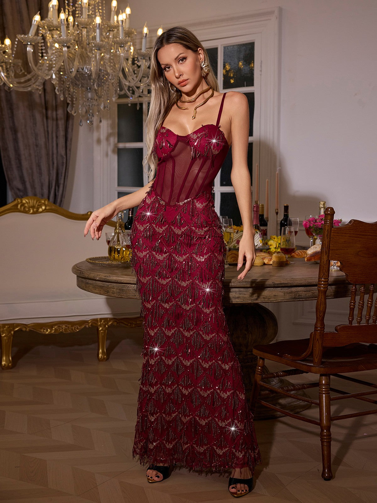 Ottis Pullu Fringe Maxi Elbise Kırmızı
